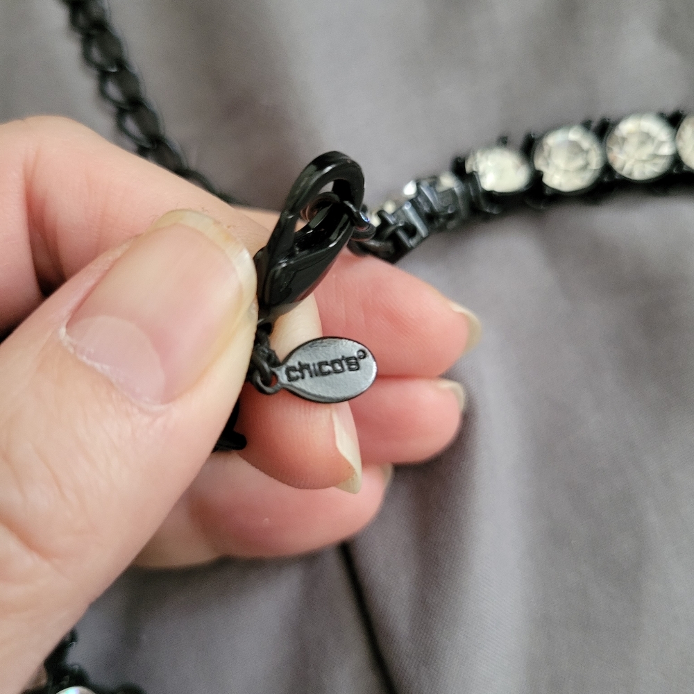 Chico's | NWOT Black Enamel 'Riviere' Crystal Rhinestone Choker Necklace - Picture 5 of 13